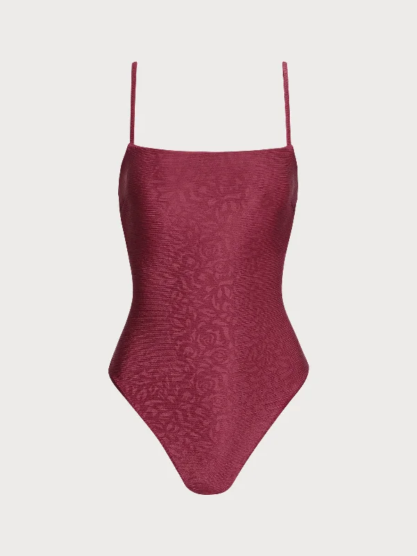 Burgundy Jacquard X Cross One Pieces Swimsuit