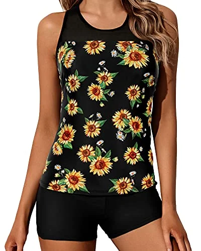 Flattering Racerback Tankini Set Mid-Waist Swim Shorts-Black And Sunflower