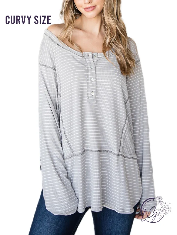 Cropped Women Long Sleeve Top to Pair with High - Waisted BottomsCurvy The Finest Striped Henley Top