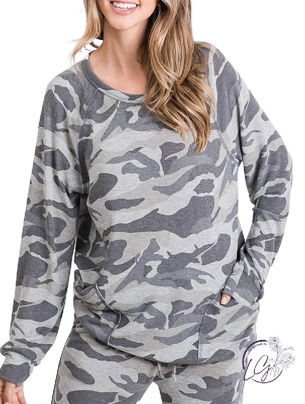 Printed Graphic Women Long Sleeve Top with a Bold StatementIn A Dream Camo Long Sleeve
