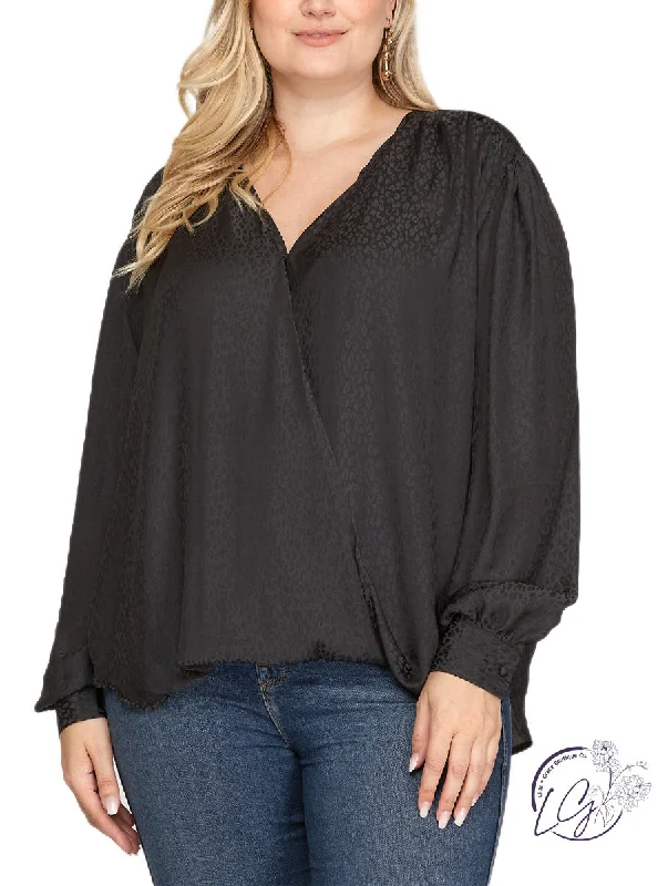 Pocket - Equipped Women Long Sleeve Top for Added FunctionalityCurvy Us Together Surplice Jacquard Top