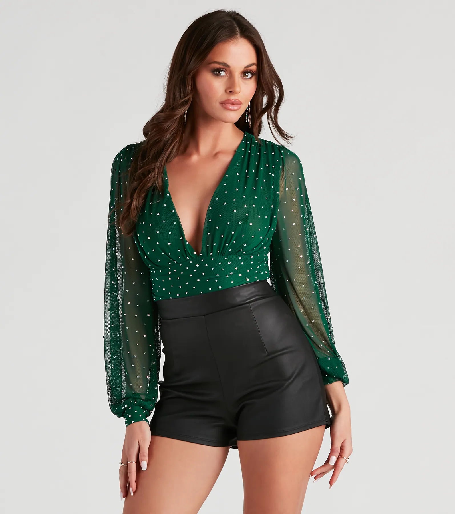 Pocket - Equipped Women Long Sleeve Top for Added FunctionalityPrettiest Sparkle Rhinestone Mesh Bodysuit