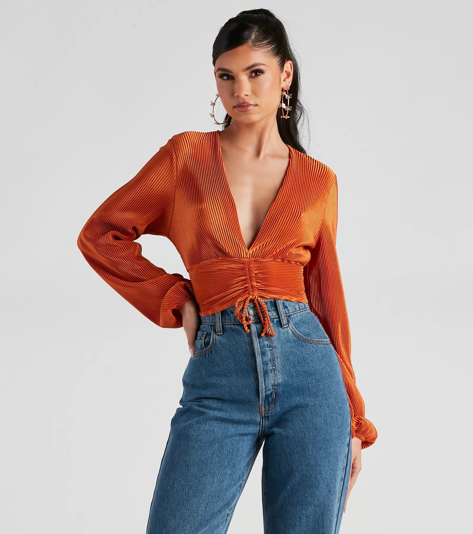 Cable - Knit Women Long Sleeve Top with a Cozy TexturePosh And Pleated Long Sleeve Crop Top