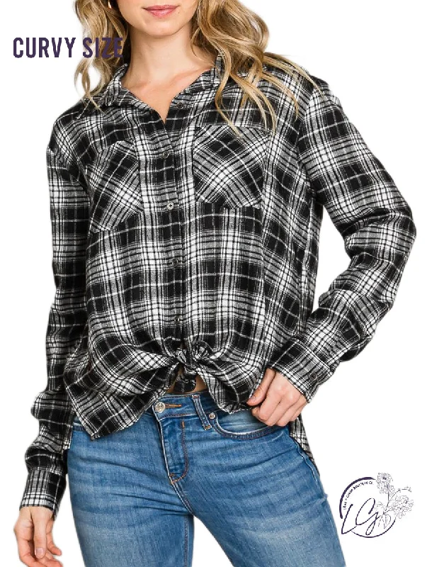 Wrap - Style Women Long Sleeve Top for a Versatile FitCurvy Soft Plaid Button-Down Shirt with Bust Pockets