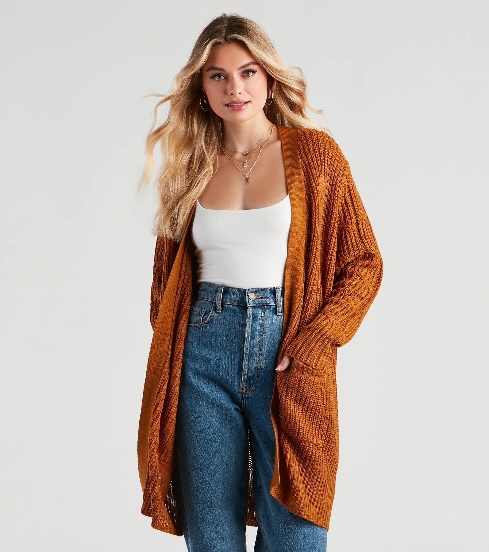 Cropped Women Long Sleeve Top to Pair with High - Waisted BottomsCozy Up Cable Knit Oversized Cardgian