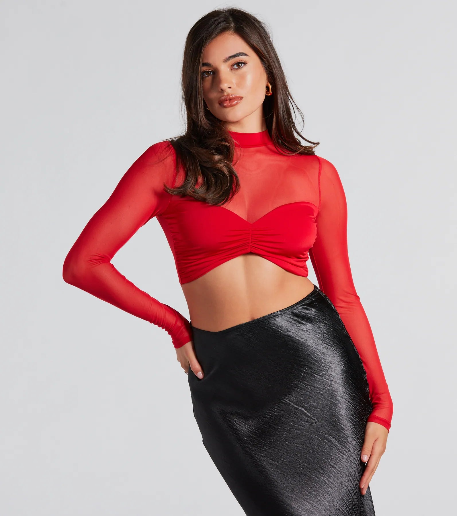 Lace - Trimmed Women Long Sleeve Top for an Elegant LookSultry And Sheer Mesh Long Sleeve Crop Top