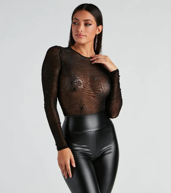 Turtleneck Women Long Sleeve Top for Cold Winter DaysSpider Babe Mesh Graphic Bodysuit