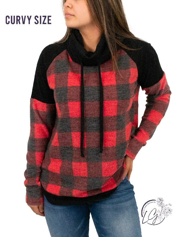 Lace - Trimmed Women Long Sleeve Top for an Elegant LookCurvy Match Me Buffalo Plaid Cowl Neck