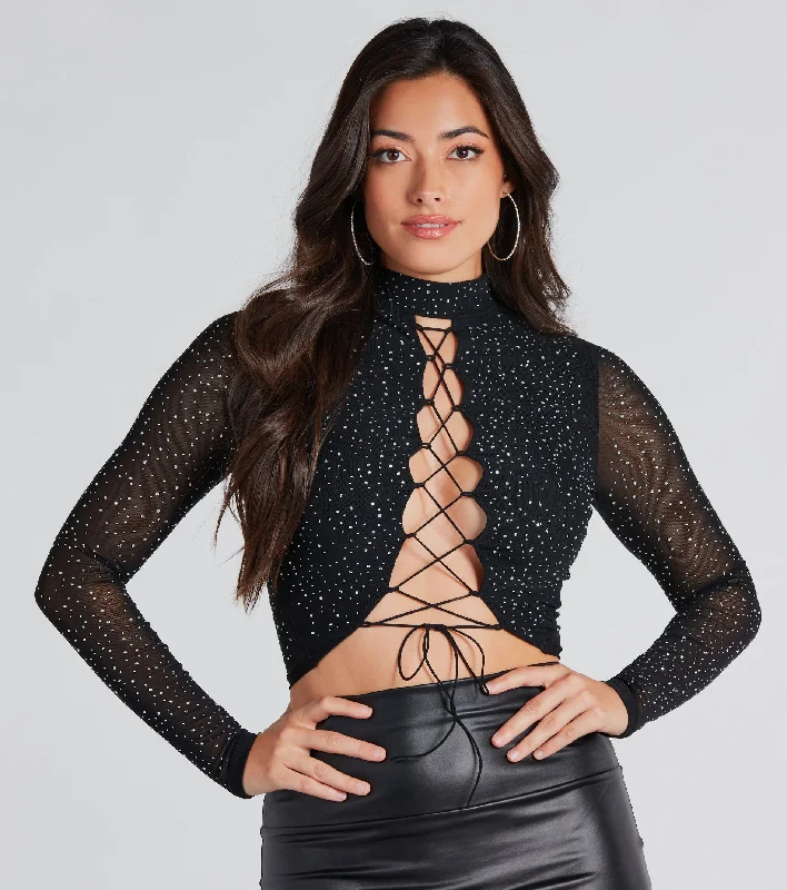 Lace - Trimmed Women Long Sleeve Top for an Elegant LookVamped Up Rhinestone Lace-Up Crop Top