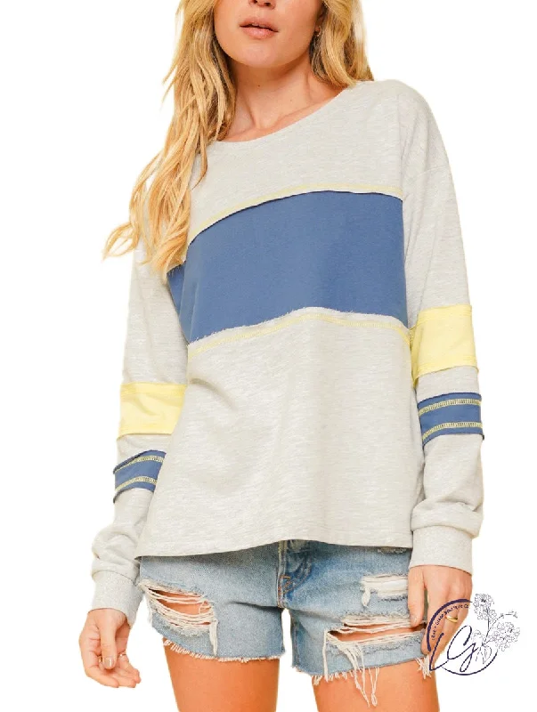 Printed Graphic Women Long Sleeve Top with a Bold StatementColor Block French Terry Crewneck
