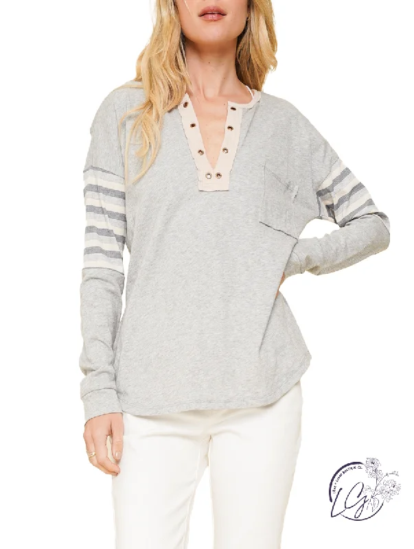 Pocket - Equipped Women Long Sleeve Top for Added FunctionalitySuper Chic Stripe Grommet Henley Top