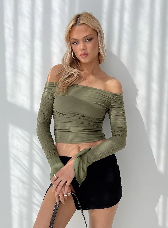 Metallic Accent Women Long Sleeve Top for a Glamorous LookMoreno Off The Shoulder Top Green