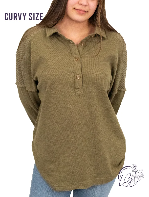 Ruffled Cuff Women Long Sleeve Top with a Feminine TouchCurvy Effortless Everyday Button-Down Henley