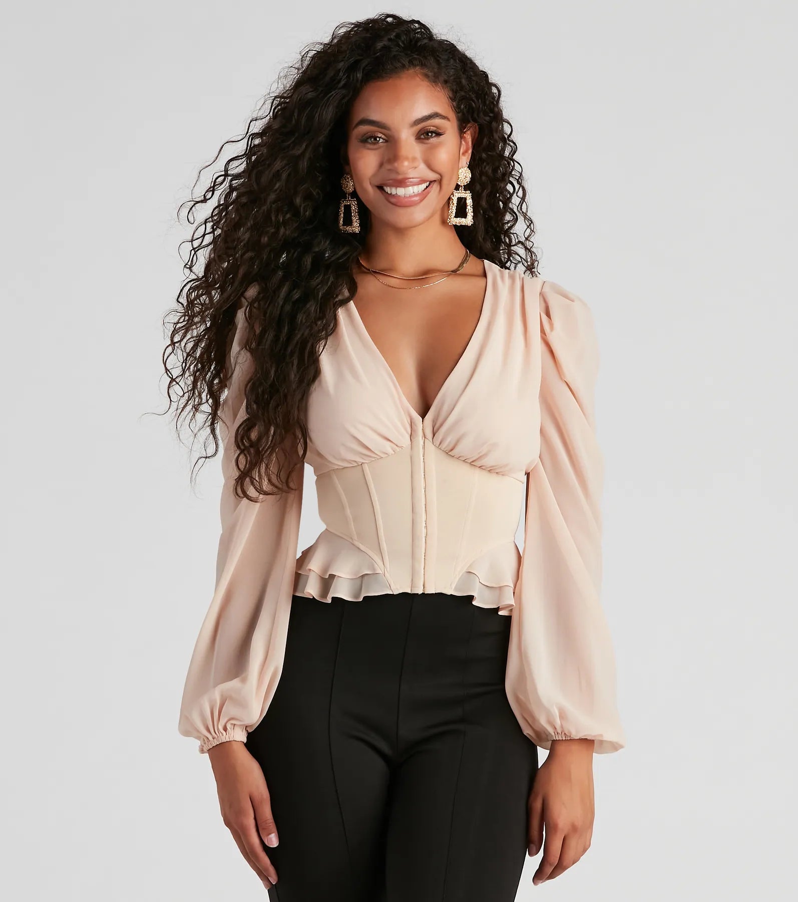 Mock Neck Women Long Sleeve Top for a Modern AestheticChic Charm Chiffon Peplum Corset Top