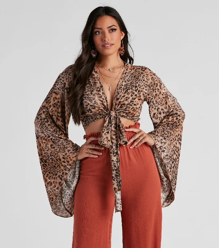 Metallic Accent Women Long Sleeve Top for a Glamorous LookWild Shine Leopard Crop Wrap Top