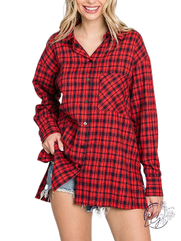 Ribbed Women Long Sleeve Top with a Textured AppealCurvy Friday Night Feeling Plaid Button Down