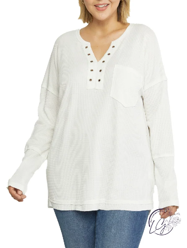 Cable - Knit Women Long Sleeve Top with a Cozy TextureCurvy Fine At Home Waffle Knit Long Sleeve