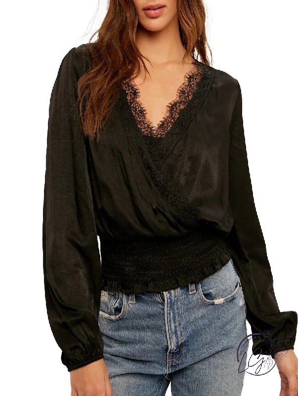 Ribbed Women Long Sleeve Top with a Textured AppealComing Around Surplice Blouse