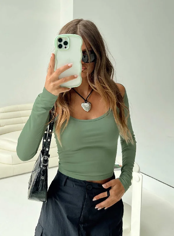 Metallic Accent Women Long Sleeve Top for a Glamorous LookHyden Long Sleeve Top Khaki