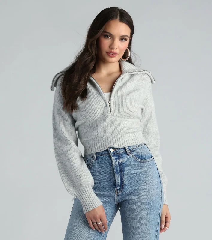 Mock Neck Women Long Sleeve Top for a Modern AestheticGive Me Cozy Half-Zip Fuzzy Knit Crop Sweater