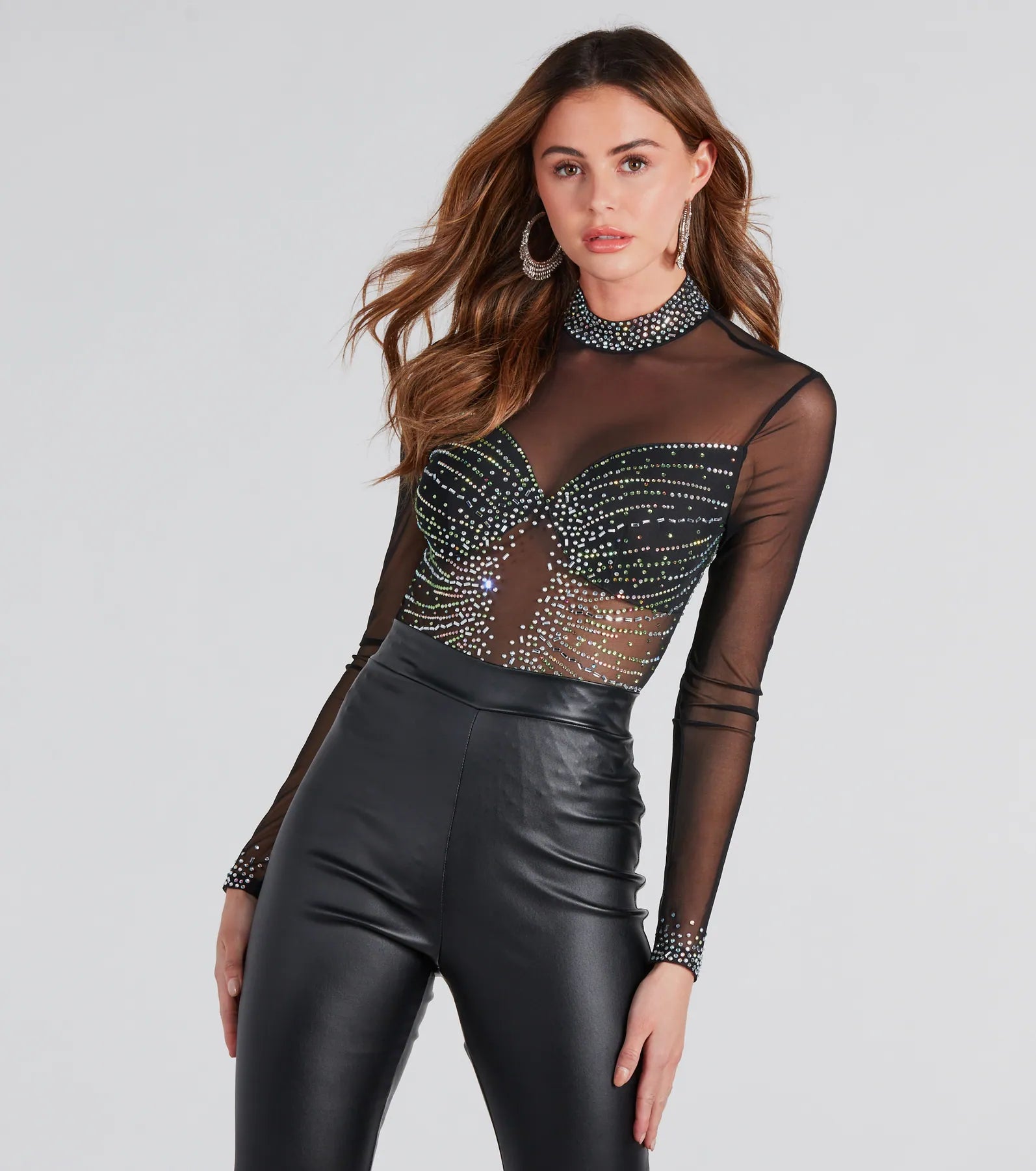 Pocket - Equipped Women Long Sleeve Top for Added FunctionalityRising Star Rhinestone Mock Neck Mesh Bodysuit