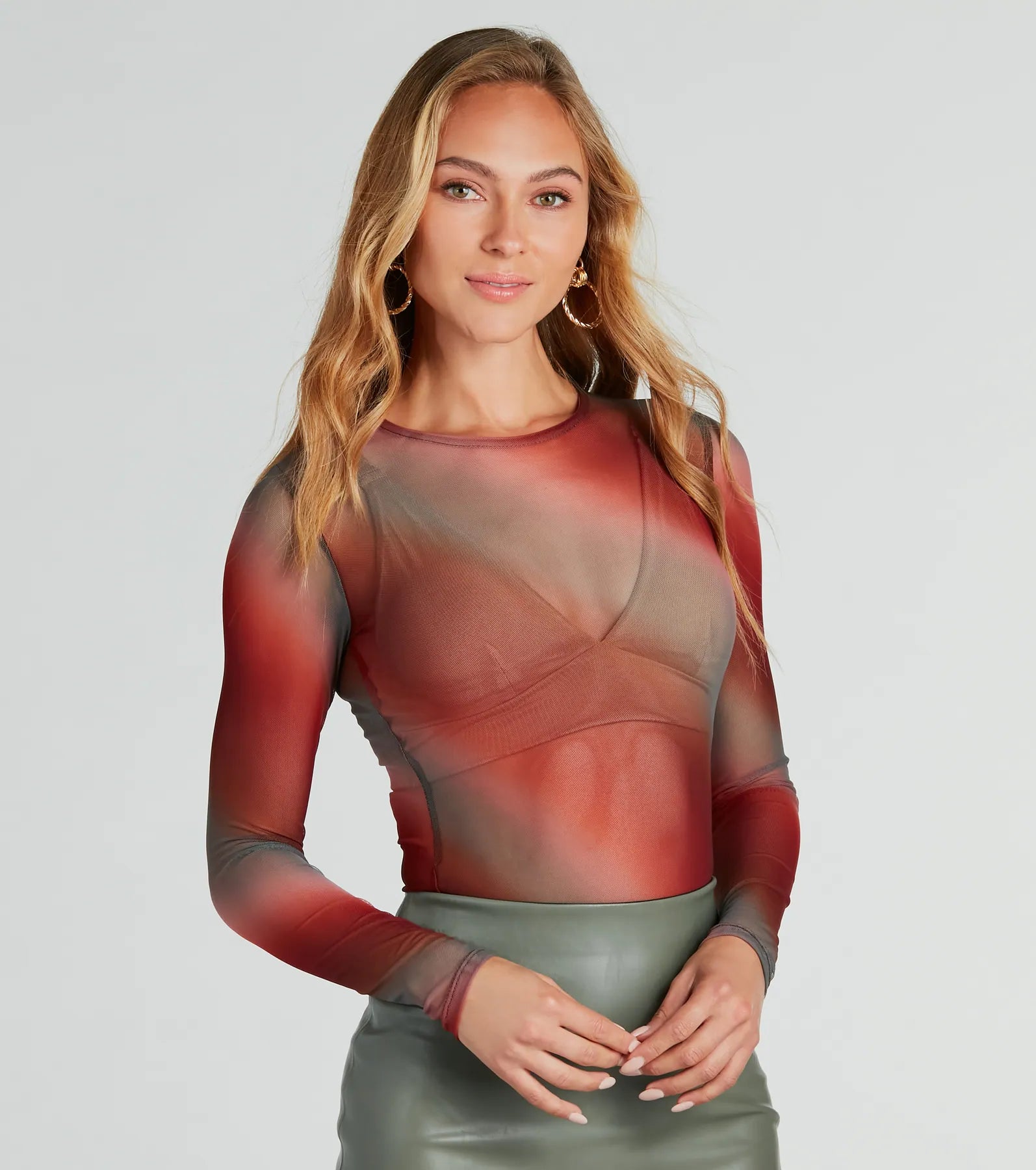 Lightweight Women Long Sleeve Top for Spring and AutumnHere To Allure Ombre Sheer Mesh Bodysuit