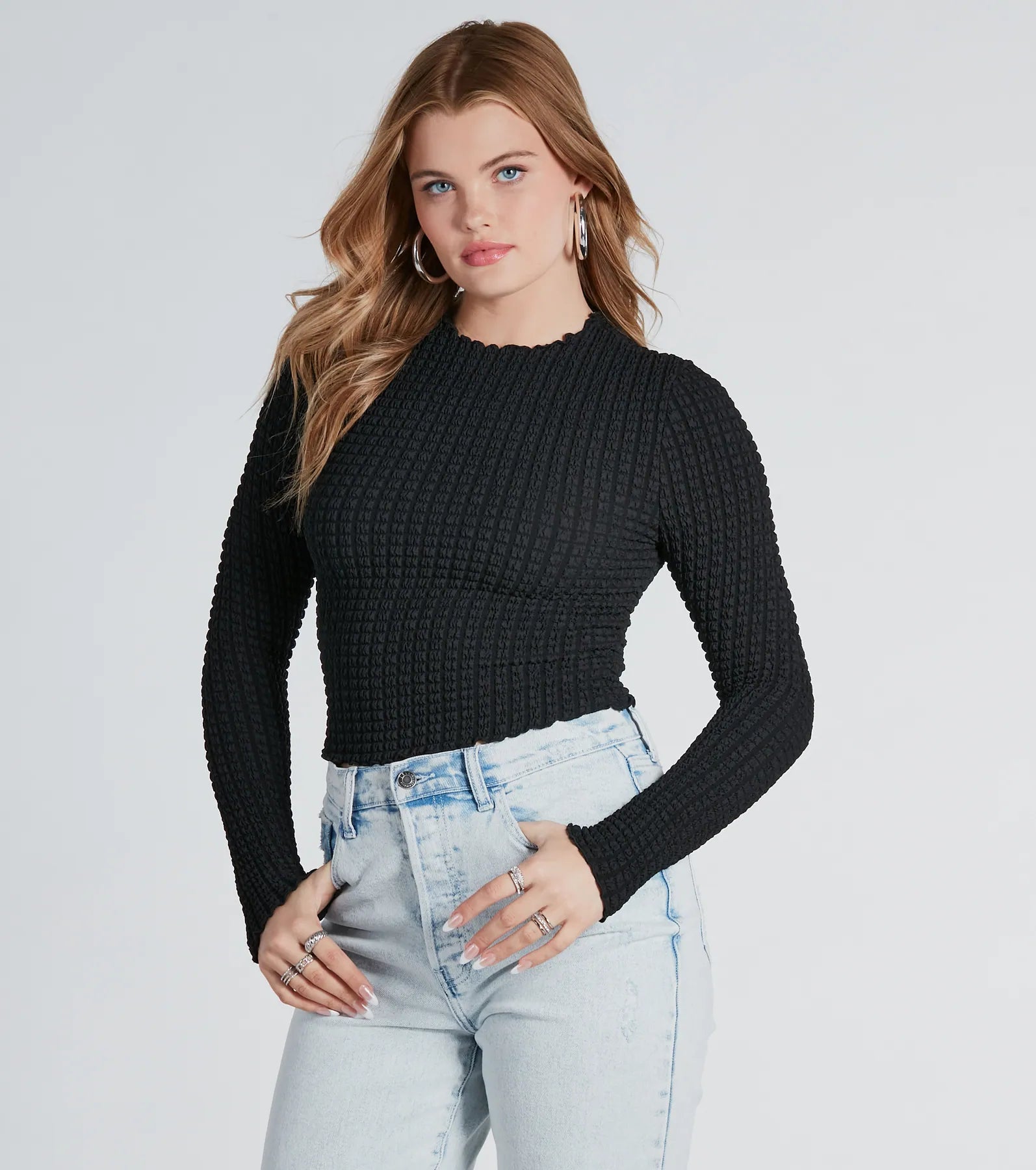 Lightweight Women Long Sleeve Top for Spring and AutumnMajor Essential Textured Knit Crop Top