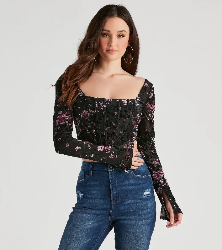 Plaid Women Long Sleeve Top for a Preppy VibeTrendy Florals Flocked Velvet Corset Top