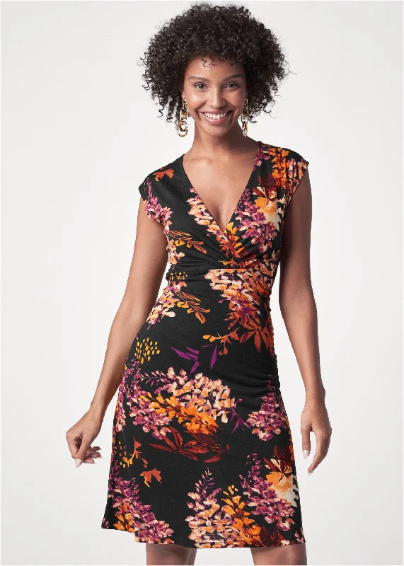 Strapless mini dresses for a beach vacation Floral Printed Dress - Black Multi