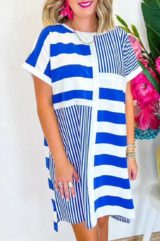 Midi dresses with empire waists for a flattering maternity option Gray Stripe Mixed Printed Short Sleeve Shift Mini T Shirt Dress