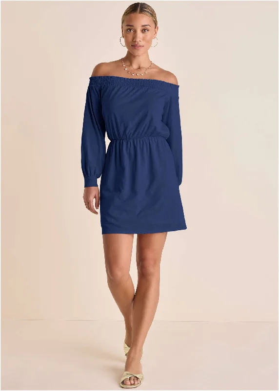 Metallic mini dresses for a glamorous event Off-The-Shoulder Mini - Dark Blue