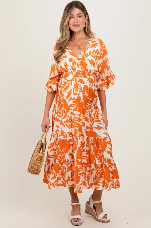 Maternity dress for a winter wonderland event Orange Abstract Floral V-Neck Tiered Maternity Midi Dress