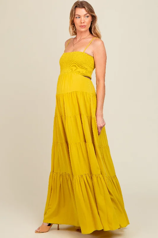 Maternity dress for a tea party Yellow Smocked Cutout Maternity Maxi Dress