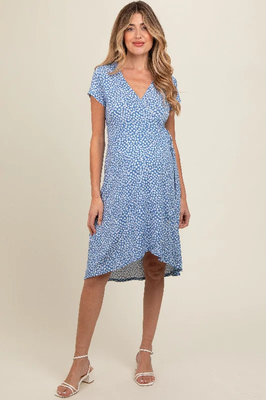 Maternity dress for a baby's first visit to the aquarium Blue Floral Wrap Maternity Midi Dress