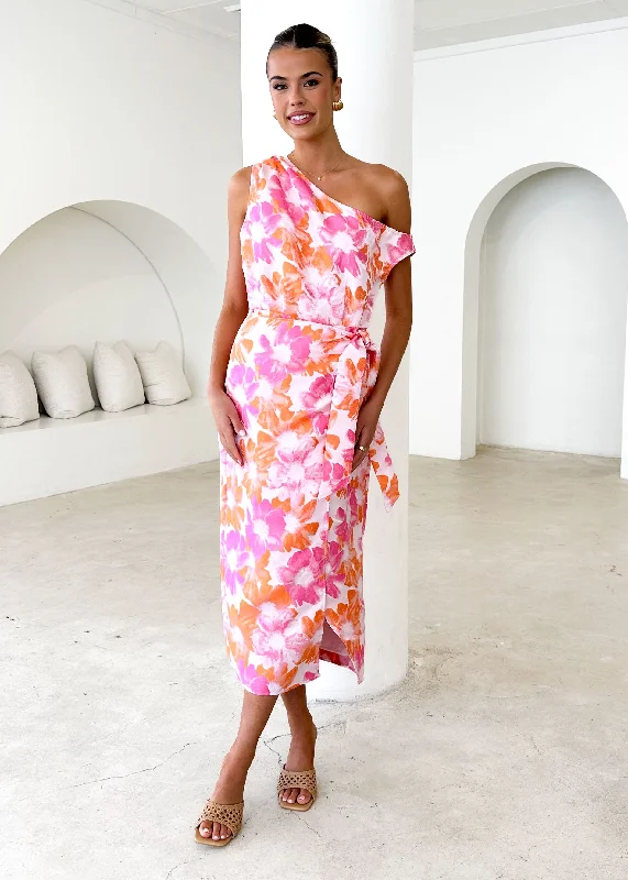 Midi dresses with tiered skirts for a bohemian festival look Sansara One Shoulder Midi Dress - Sunset Floral