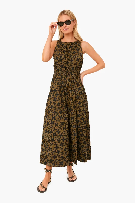 Midi dresses with embroidered accents for a unique and detailed design Resist Floral Olive Bali Tank Dress