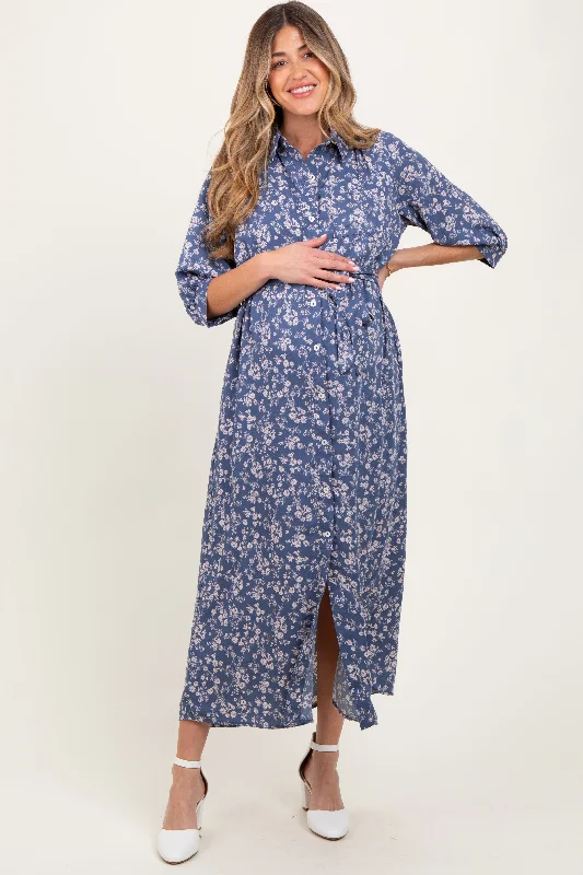 Maternity cocktail dress with sequin embellishments Blue Floral Button Down 3/4 Sleeve Maternity Maxi Dress