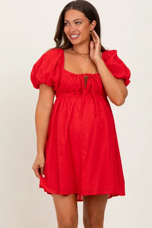 Long sleeve maternity maxi dress for winter Red Eyelet Lace Puff Sleeve Maternity Mini Dress