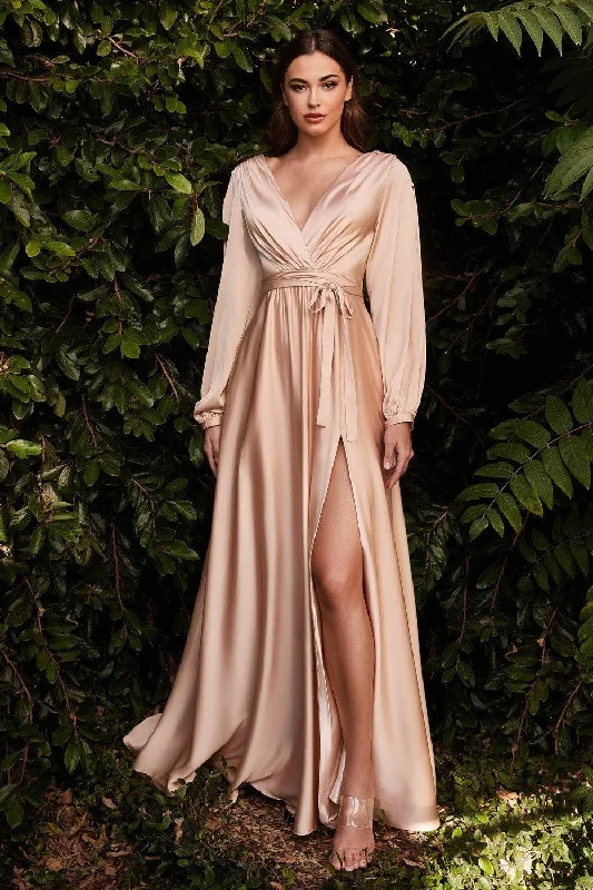 V - neck organza wedding dresses for a romantic touch​ One - shoulder wedding guest dresses with beaded details Cinderella Divine CD7475 Formal Long Sleeve Dress Evening Gown