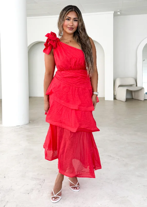 Midi dresses with pleated skirts for a timeless and elegant appeal Pinnie One Shoulder Midi Dress - Red