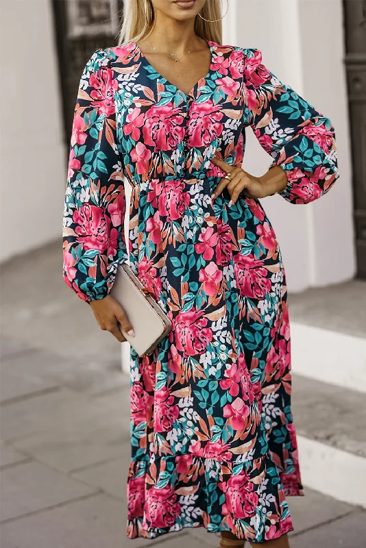 Midi dresses with embroidered accents for a unique and detailed design Floral V-Neck Long Sleeve Dress