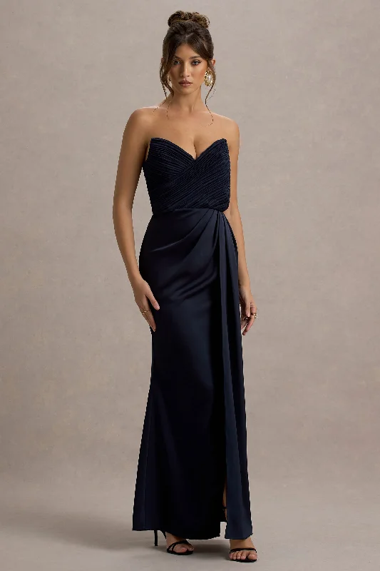 Sheath satin wedding dresses for a sleek appearance Midi wedding guest dresses in navy blue for a formal affair Edel | Navy Satin Strapless Maxi Dress With Drape Sheath satin wedding dresses for a sleek appearance Midi wedding guest dresses in navy blue for a formal affair Edel | Navy Satin Strapless Maxi Dress With Drape