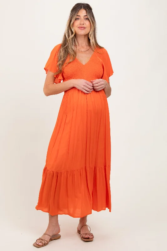 Maternity dress for a spring flower show Orange Smocked Flutter Sleeve Midi Dress