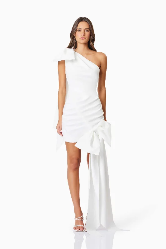 Mini dresses with abstract prints for an artistic look Bethany Mini Bow Party Dress In White