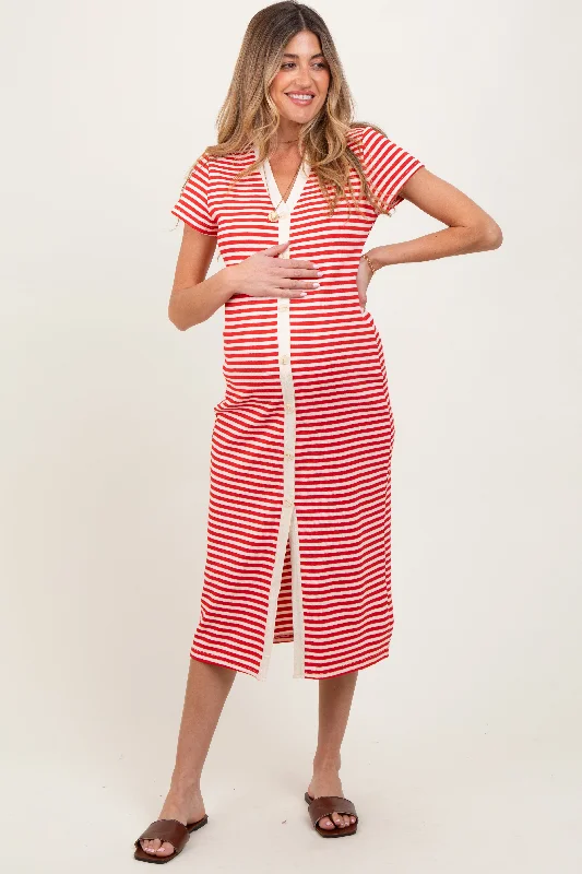 Maternity dress for a tea party Red Striped Button Down Maternity Midi Dress