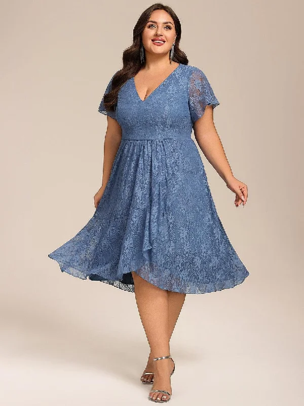 Vintage - themed wedding dresses with pearl accents​ Tea - length wedding guest dresses with polka dot patterns pretty PALOMA|Plus Size Short Sleeves V-Neck A-Line Lace Midi Wedding Guest Dress