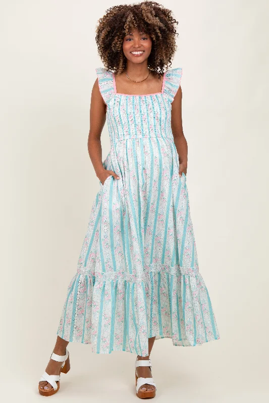 Maternity dress for a baby's first visit to the science center Light Blue Striped Vintage Floral Smocked Maternity Maxi Dress