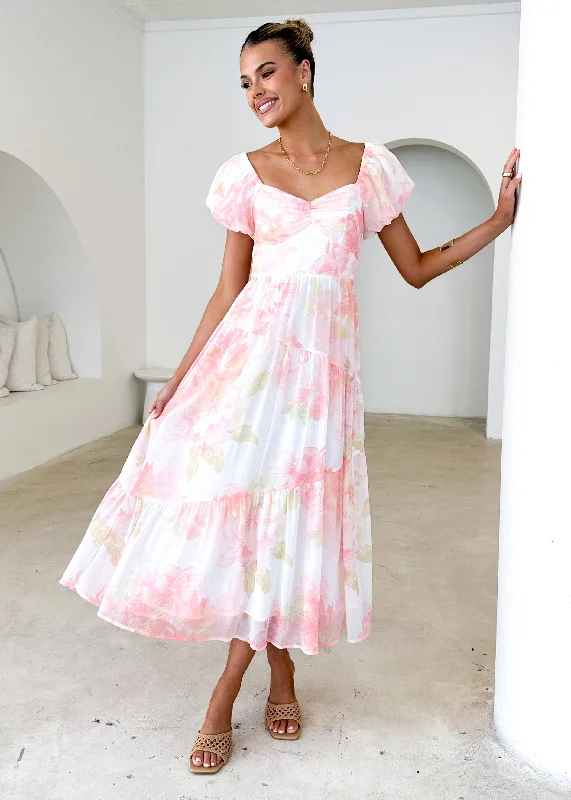 Midi dresses with pleated bodices for a classic and tailored look Genoa Midi Dress - Peach Floral