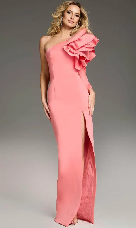 Tea - length wedding dresses with a vintage charm​ Wedding guest dresses with high - low hems and floral appliques Jovani 38928 - High Slit Ruffled Sleeve Prom Gown