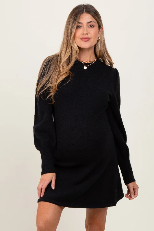 Maternity dress for a baby's first visit to the sensory garden Black Knit Bubble Sleeve Maternity Mini Dress
